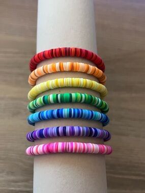 7 Piece Rainbow Bead Stretch Bracelet Set Colorful Stackable Elastic Bracelets